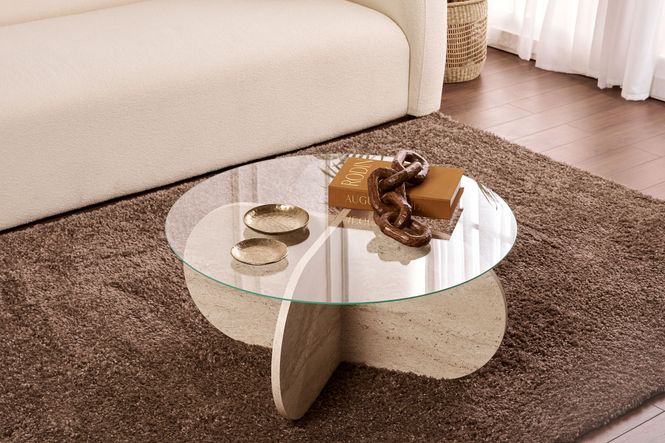 Hovedbilde Nordure Aeris sofabord – Travertine/transparent