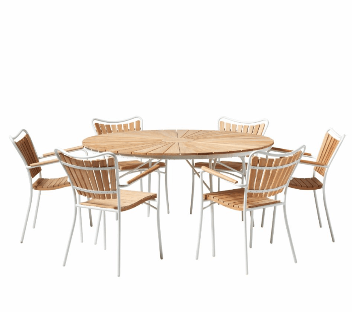 Cinas Ellen Set, Teak & Hvit Aluminium Ø150 + 6 Stoler