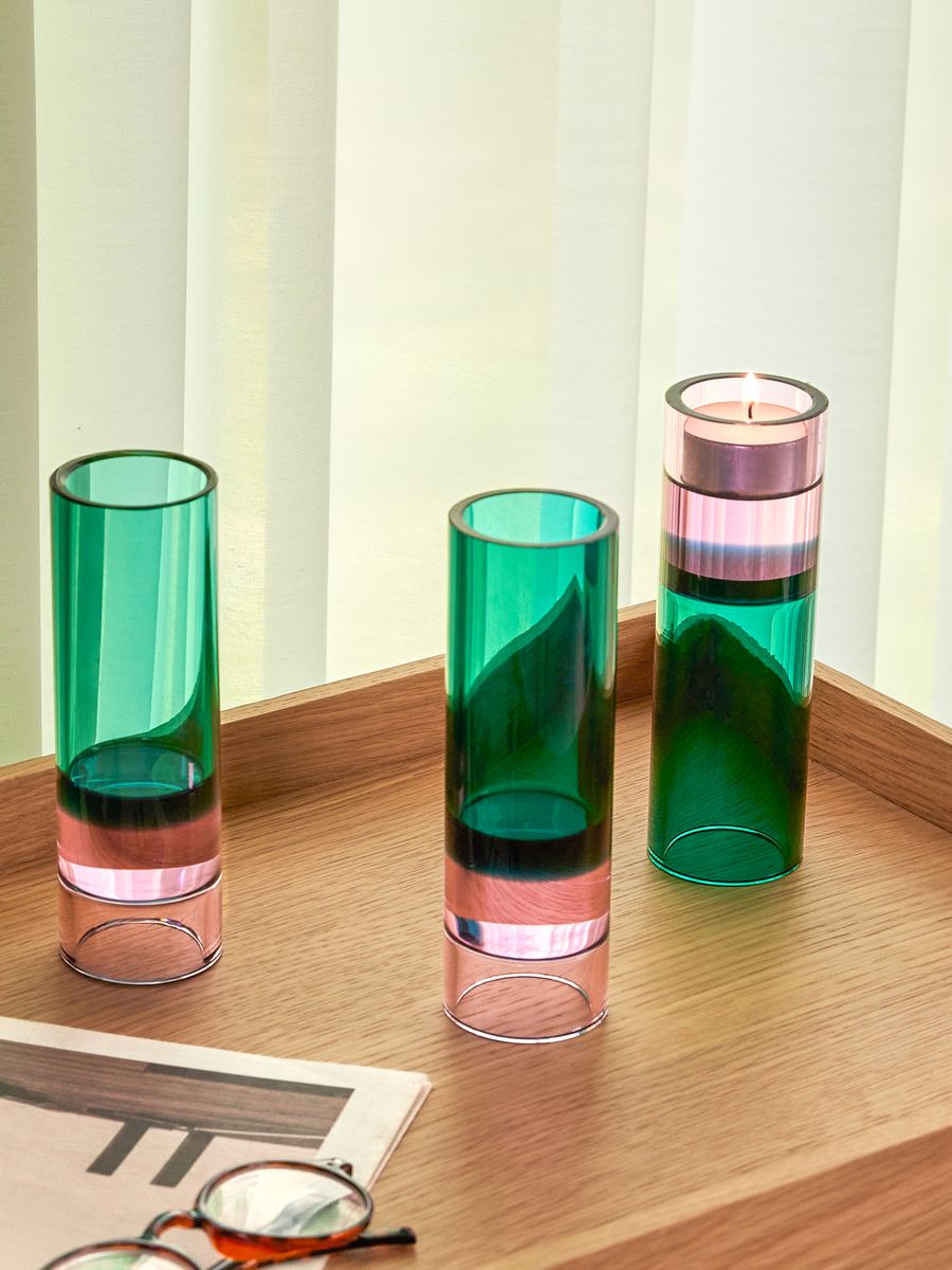 Hübsch Astra Telysholder/Vase Grønn/Rosa